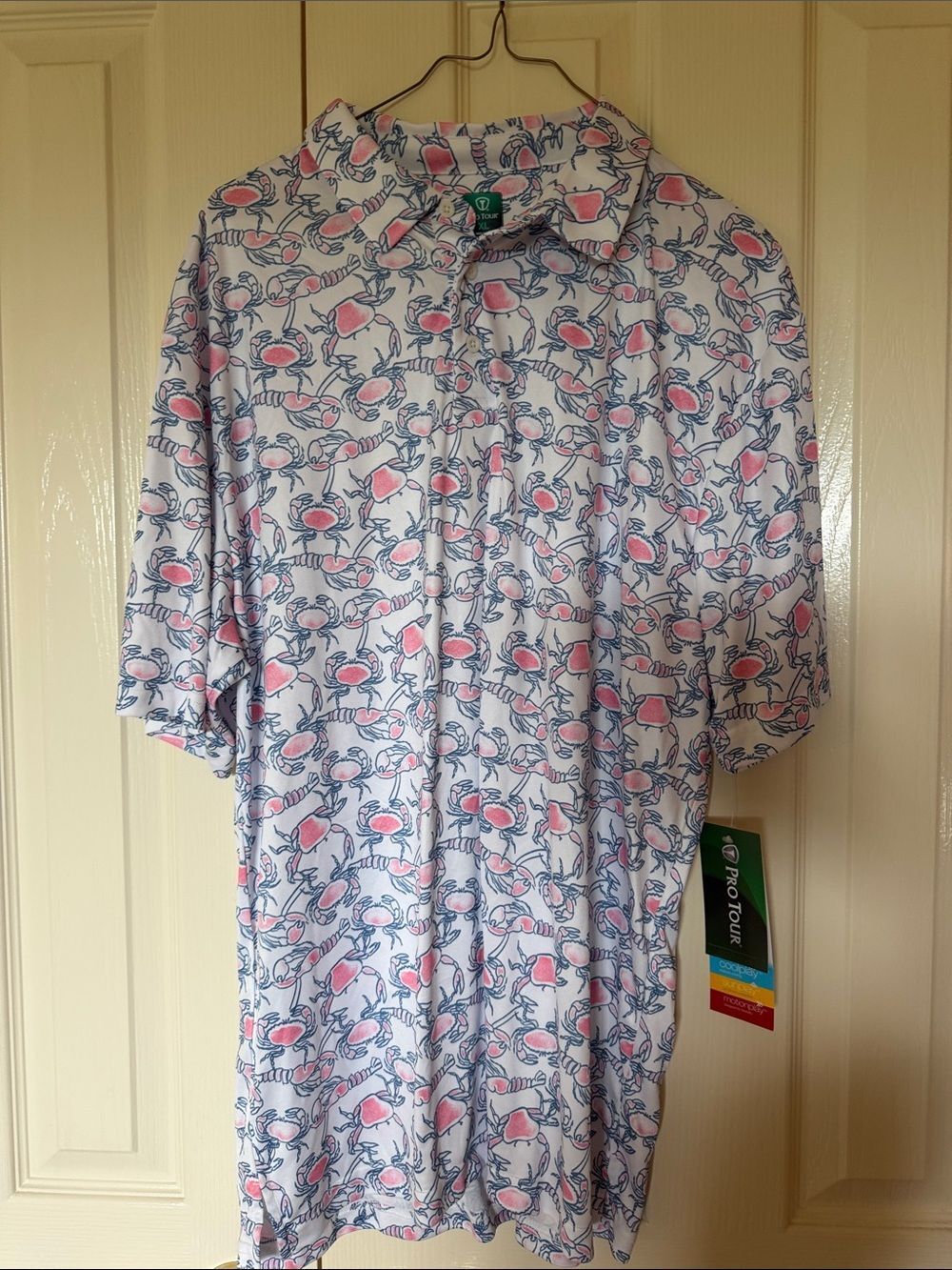 Men’s White Polo with Pink & Blue Crab Pattern